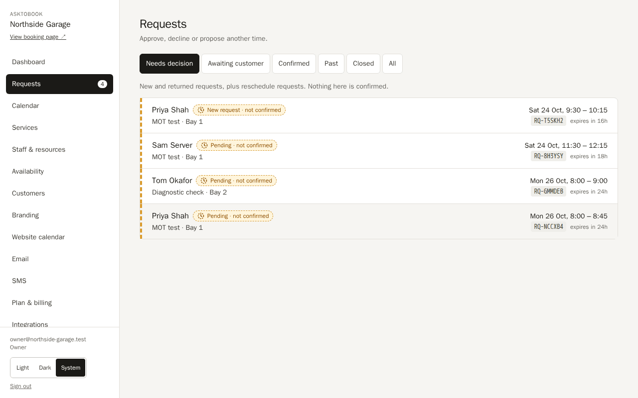 The requests inbox, where a request is approved, declined, or answered with alternative times.